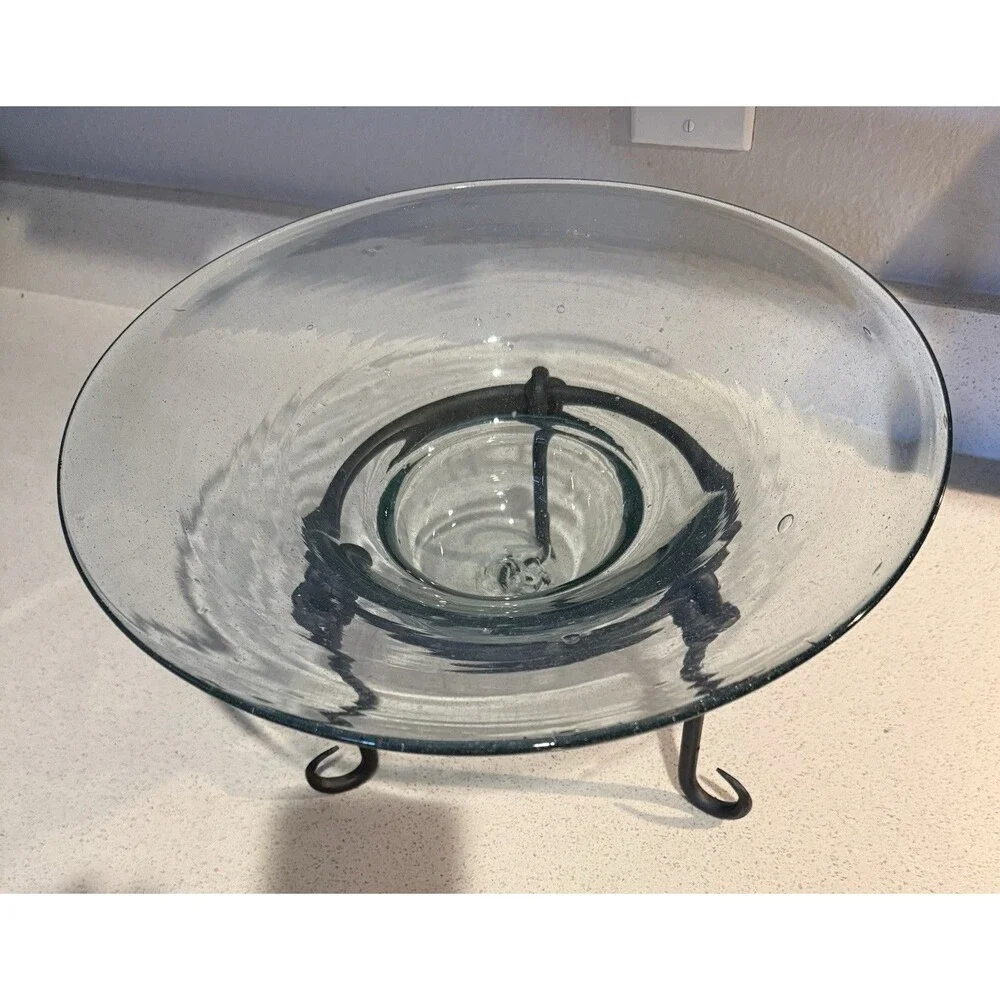 Hand Blown Thick Transparent Funnel Glass Wrought Iron 3 Leg Stand